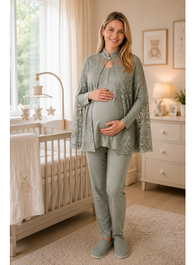 Mecit 6402 Elegant Yeşil Dantel Pelerinli Lohusa Pijama Takımı